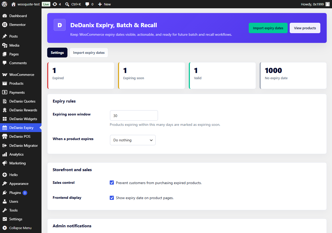 DeDanix Expiry dashboard in English showing counts for expired, expiring soon, valid and missing expiry dates.