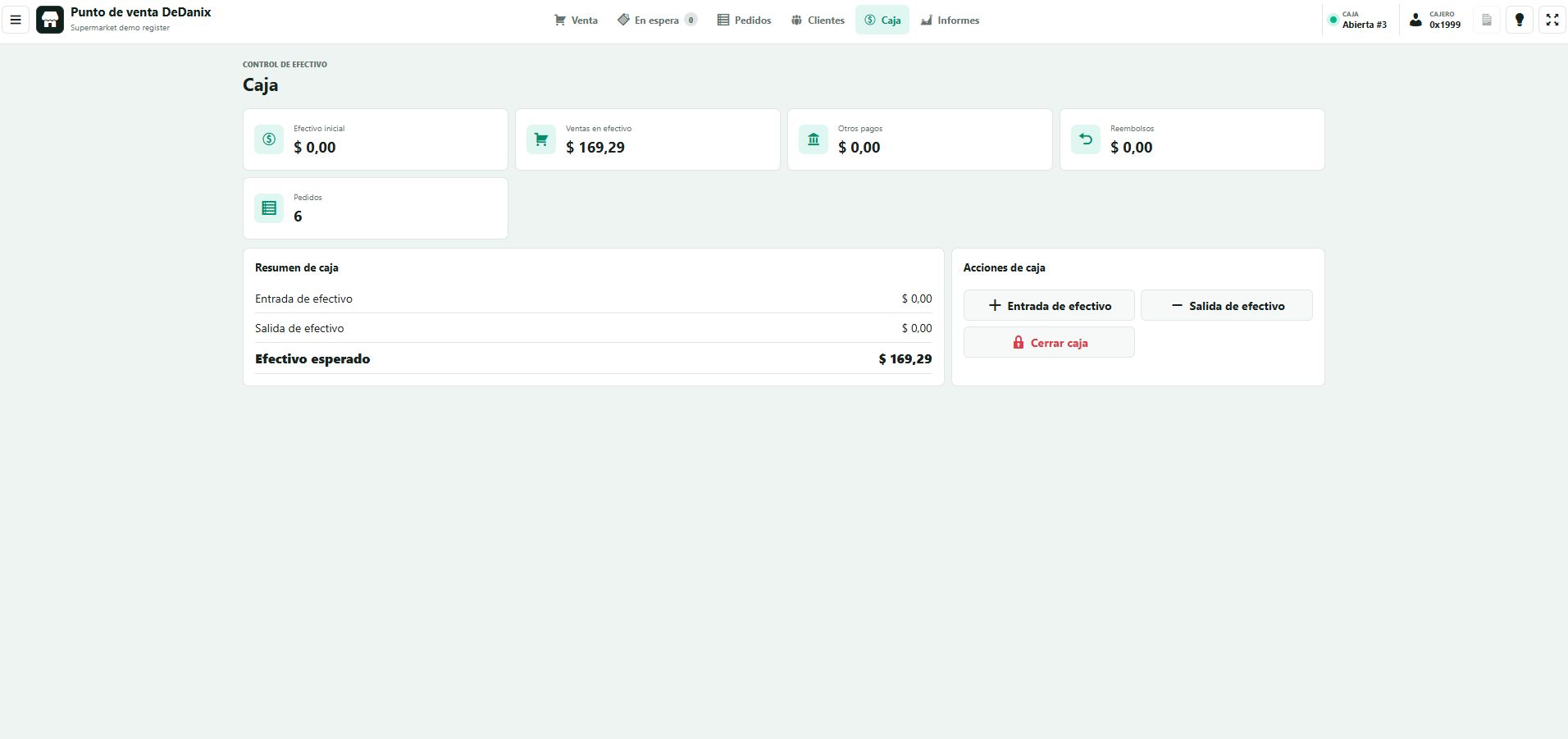 Punto de venta DeDanix en español mostrando el control de efectivo y acciones de caja