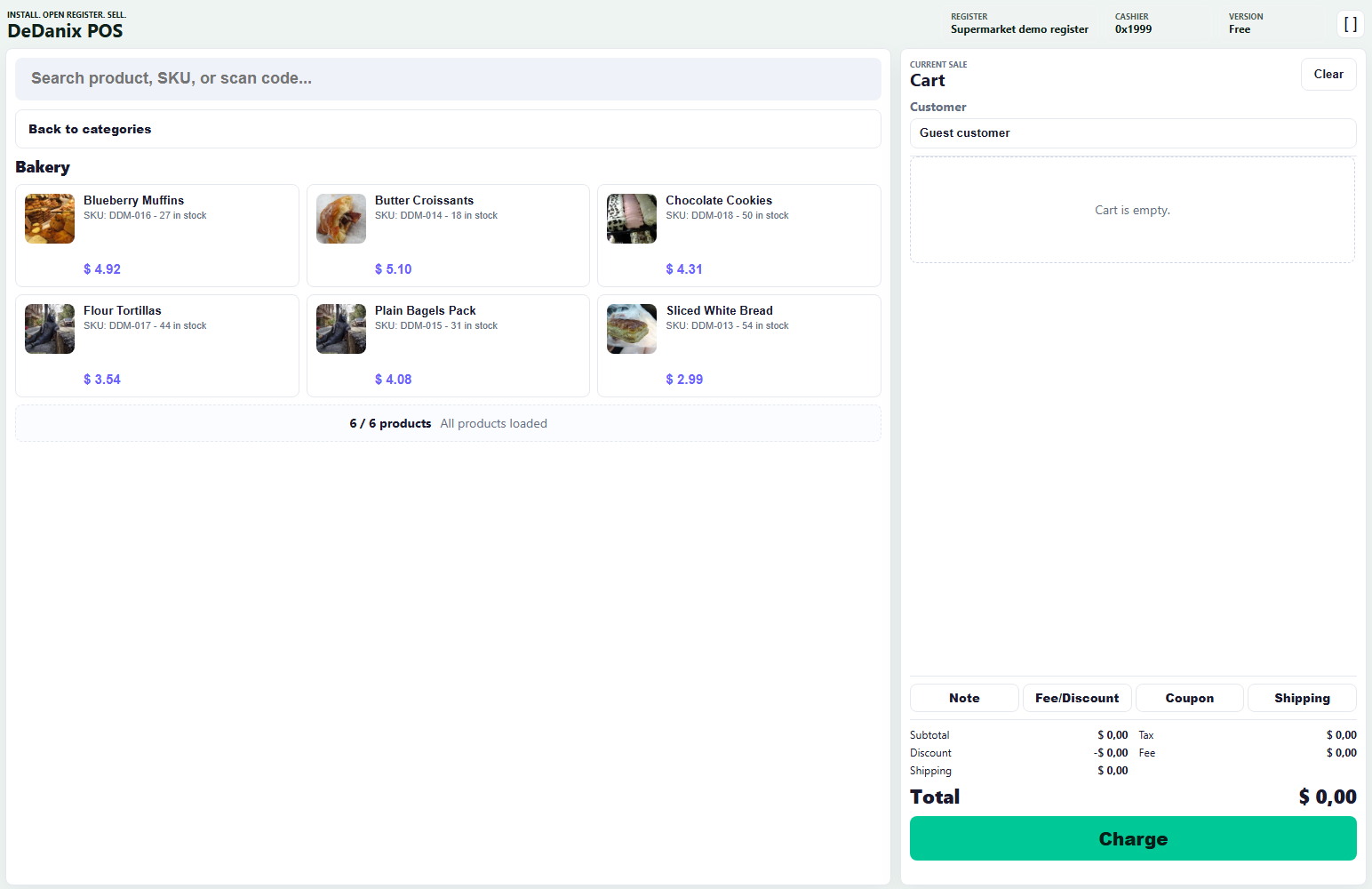 DeDanix POS in English displaying a Bakery product grid with product names, SKUs, stock levels and prices