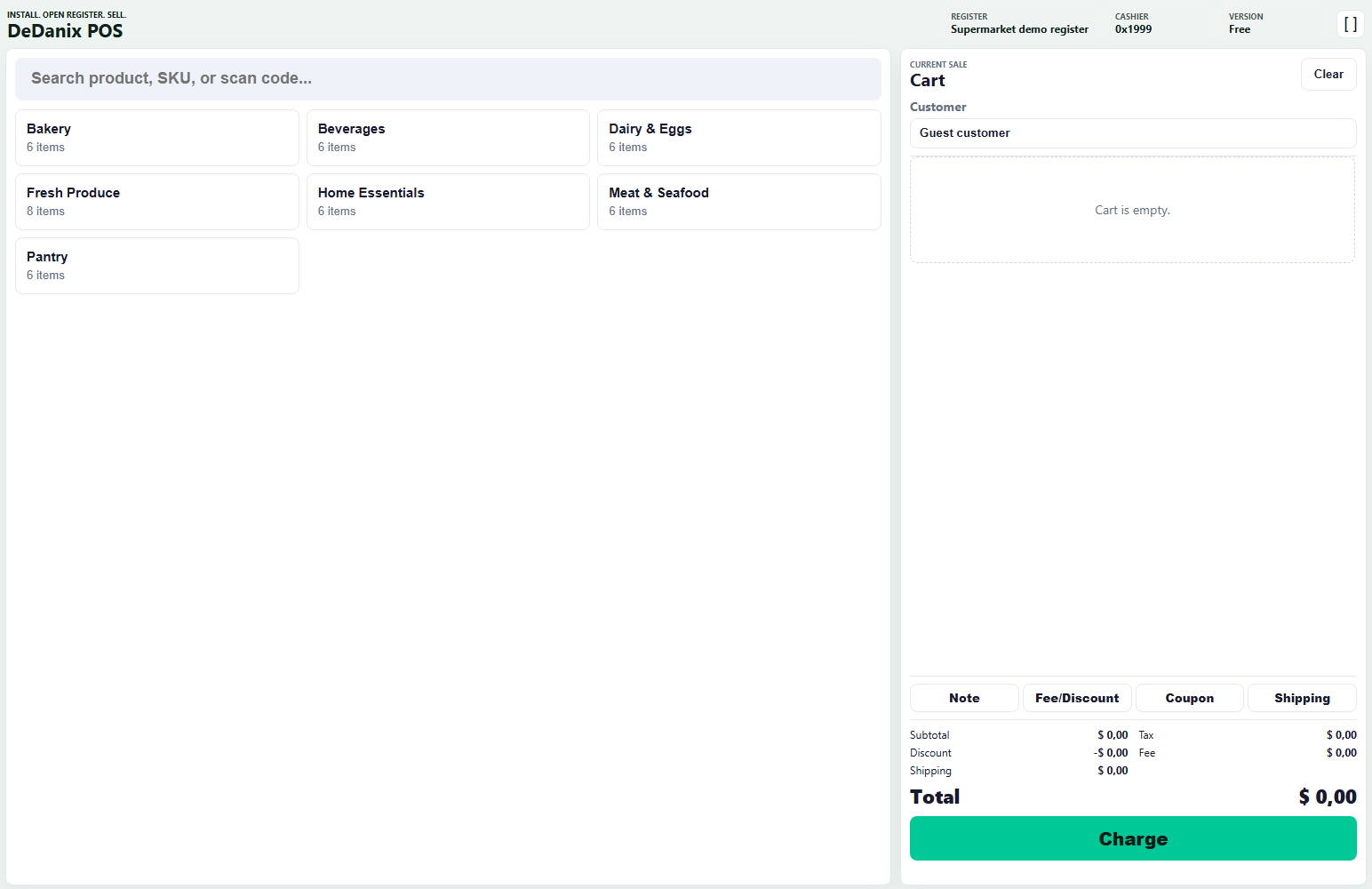 DeDanix POS register in English with categories, product and SKU search, and a current-sale cart