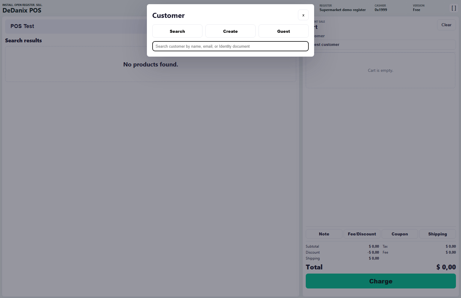 DeDanix POS in English showing a current sale summary and charge action in the cart panel