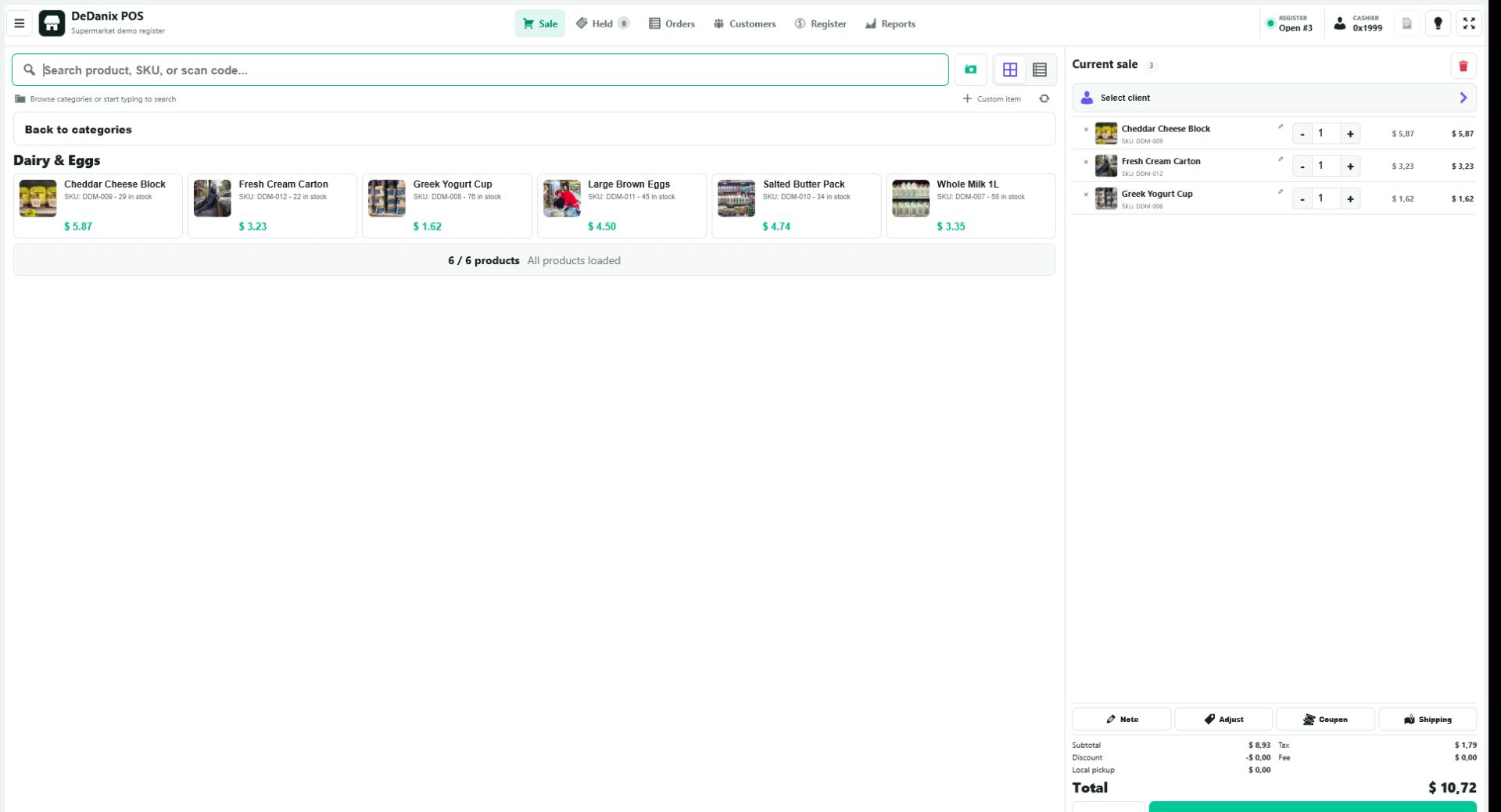 DeDanix POS in English showing a current sale cart with products, quantities and total