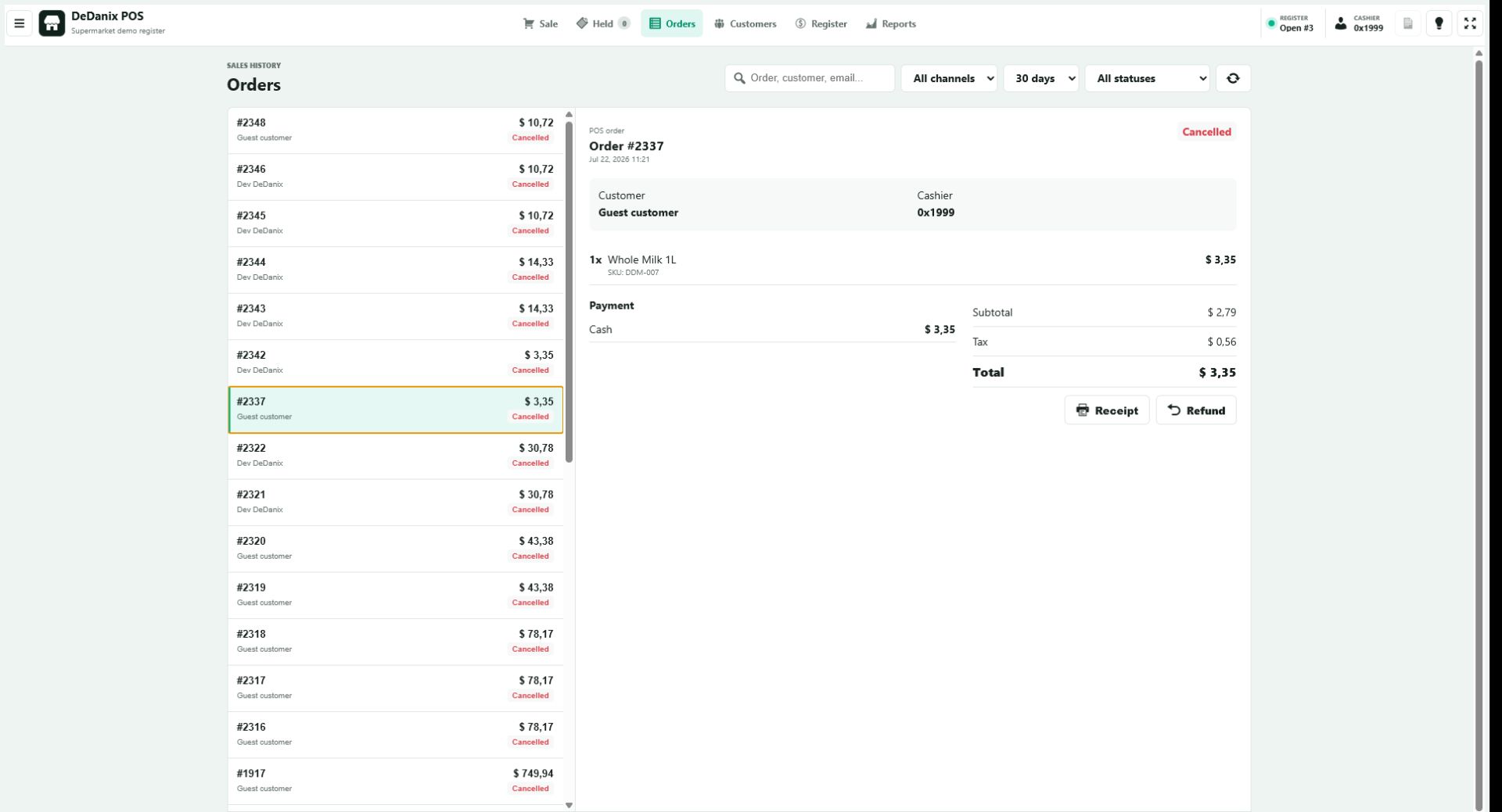 DeDanix POS in English showing POS-only orders and their order status