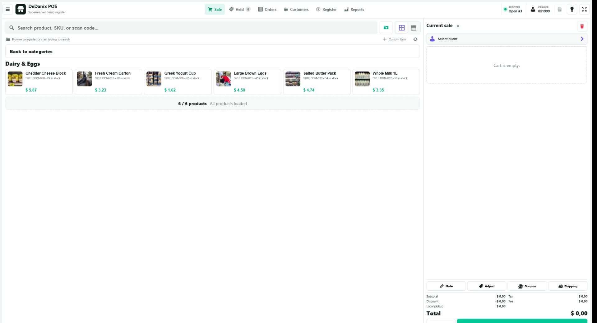 DeDanix POS in English showing product search, SKUs, stock levels and prices
