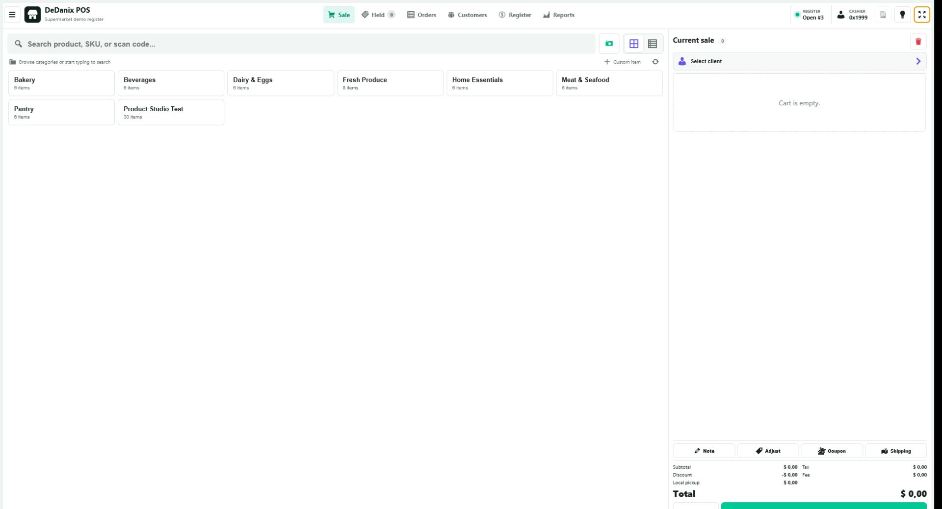 DeDanix POS in English showing category browsing for a supermarket demo register
