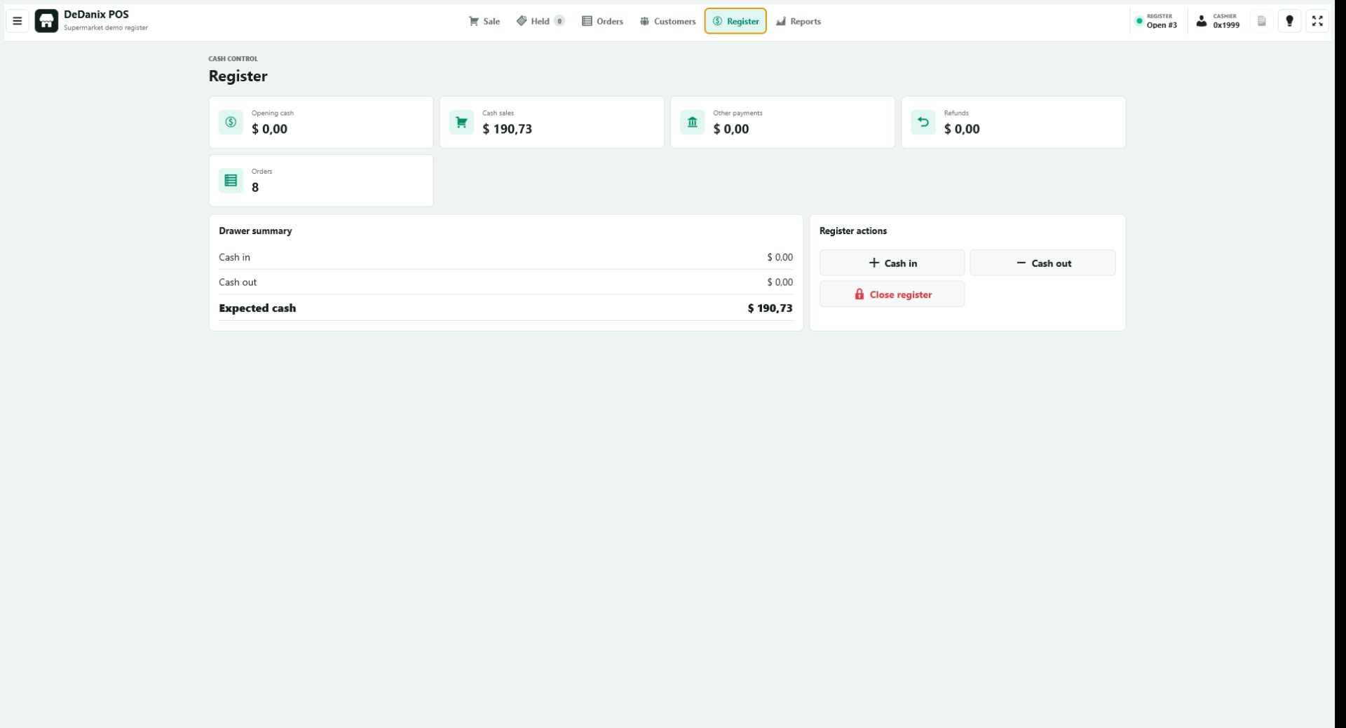 DeDanix POS register summary in English with cash control and order totals