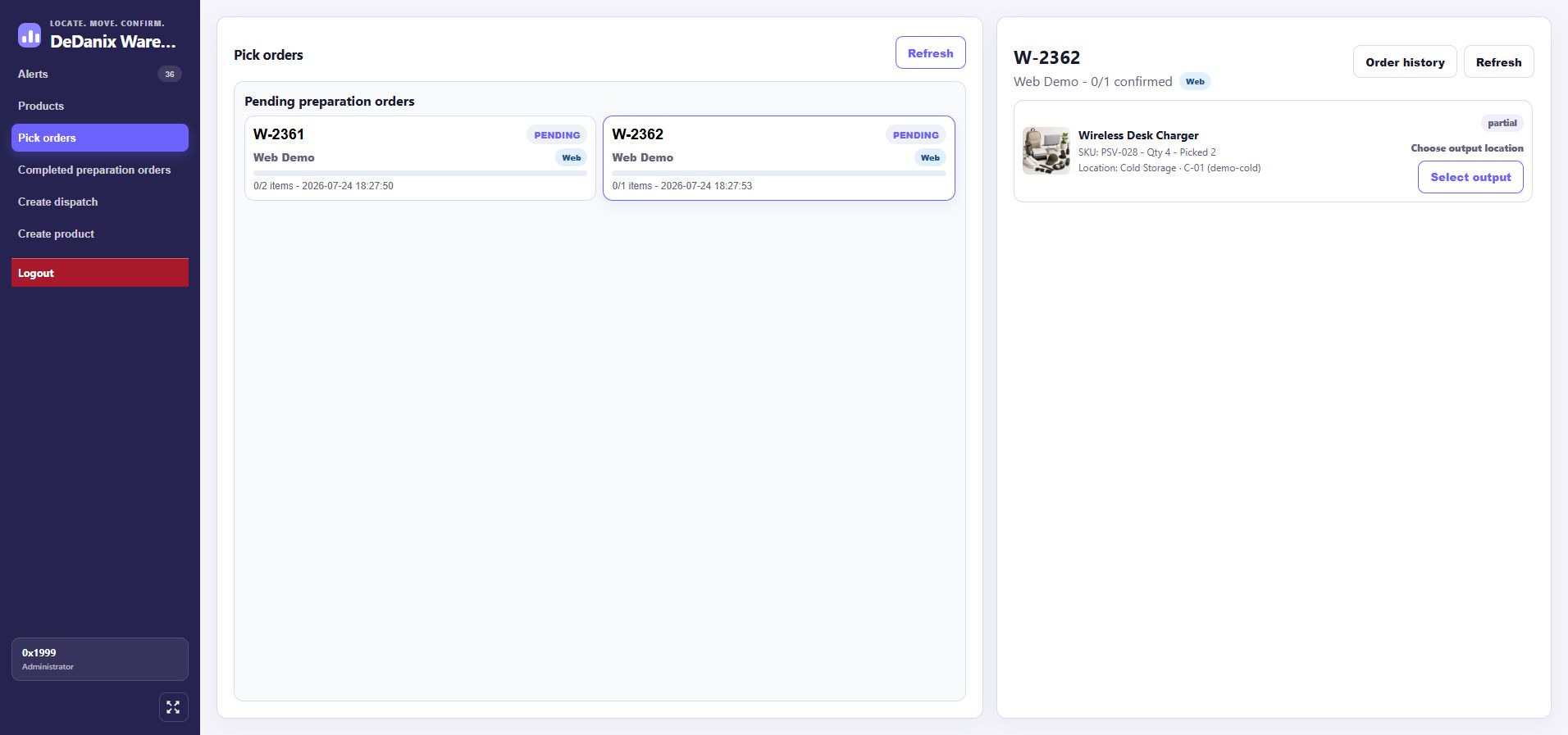 Warehouse Pro pick order detail with a partial fulfillment workflow
