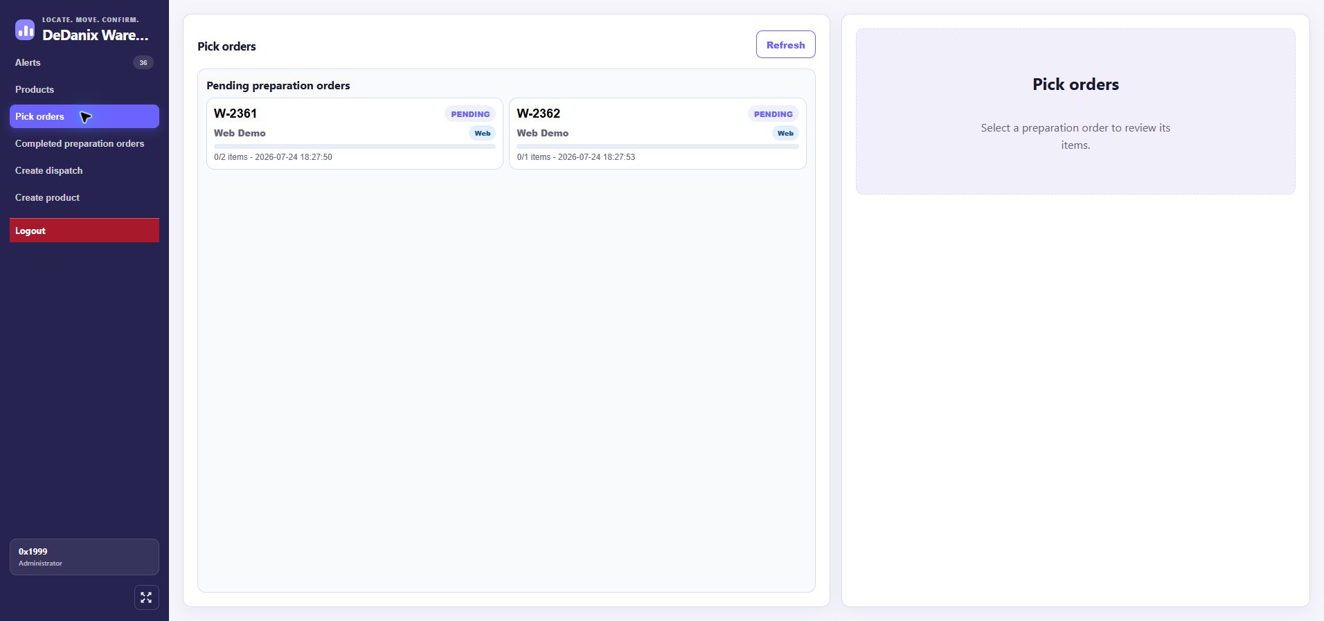 DeDanix Warehouse Pro pick orders showing pending and partial fulfillment states