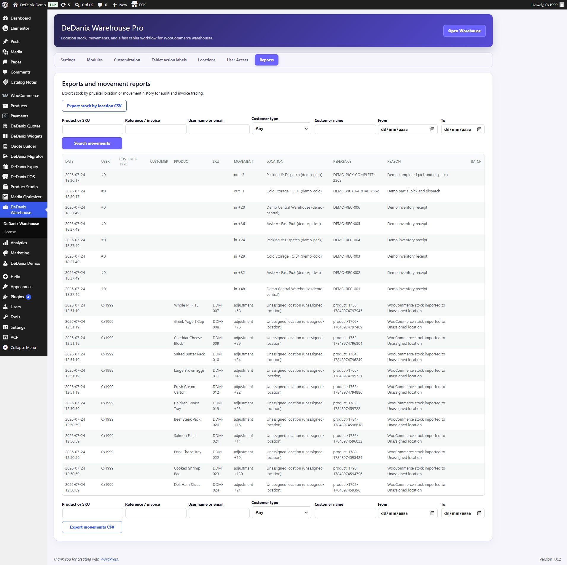 Warehouse Pro reports dashboard in WordPress admin