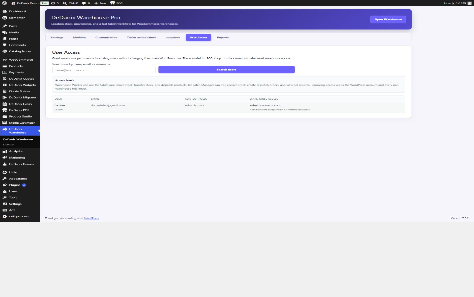 Warehouse Pro user access and role settings
